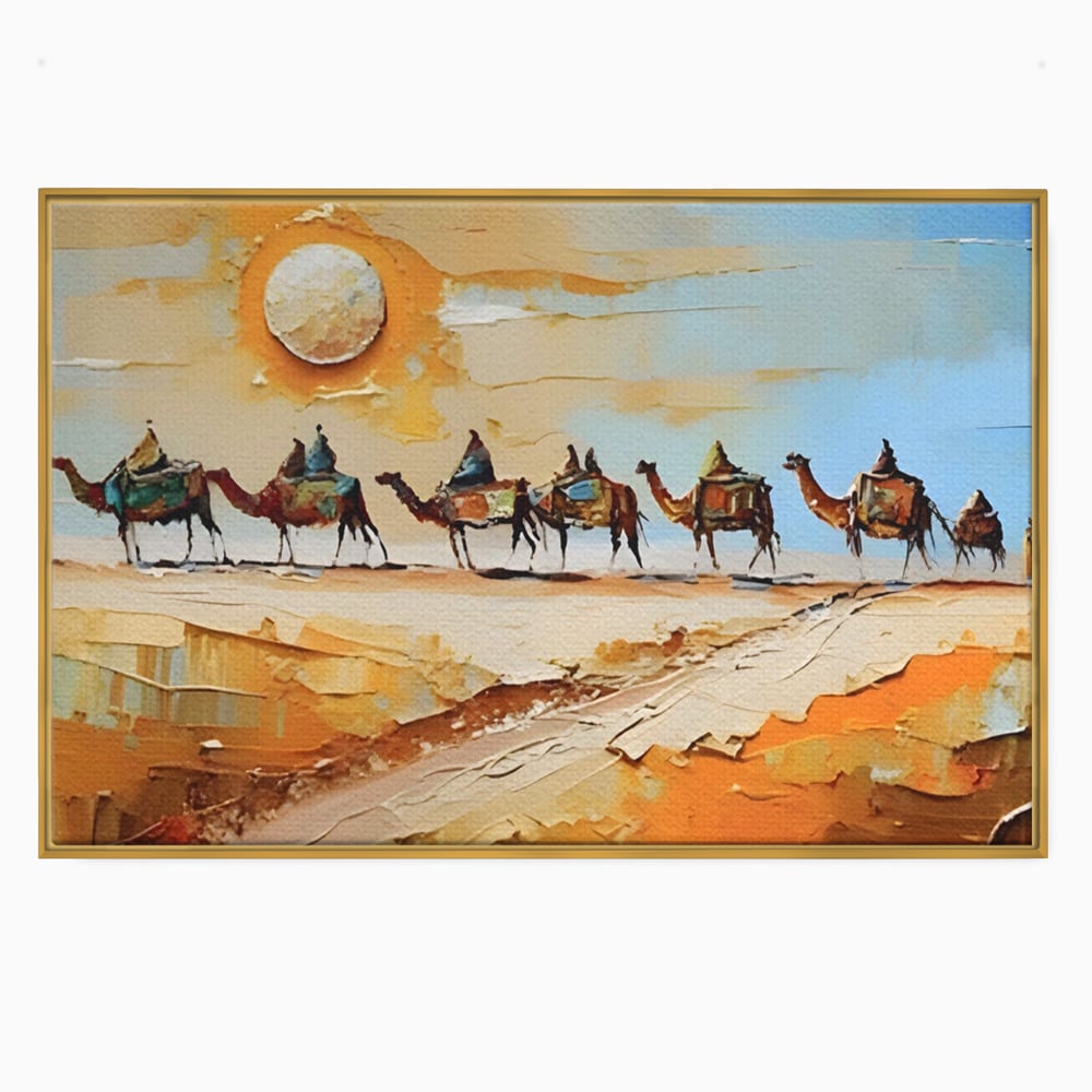 Tablou canvas cu pictura cu caravana de camile in desert, in rama de aluminiu auriu